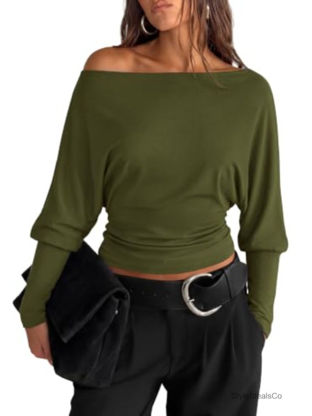 Off Shoulder Batwing Long Sleeve Ribbed Knit Tunic Top